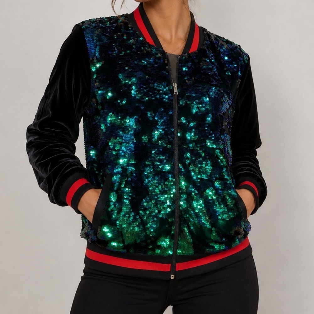 INC International Concepts Sequin Velvet Bomber Jacket XXL Navy Green Track Star
